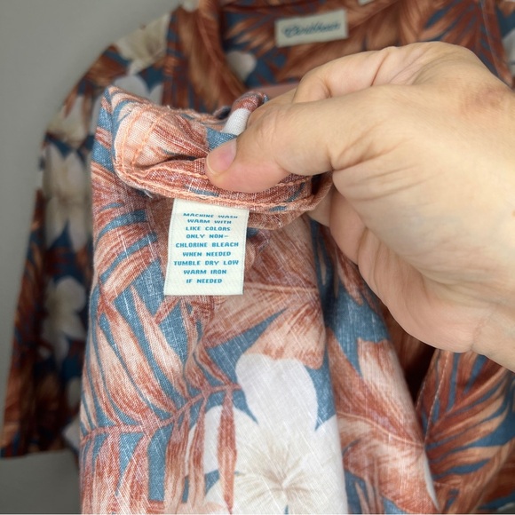 Caribbean Men's Button Down Linen Blend Short Sleeve Terra Cotta & Blue XLT - Picture 4 of 6